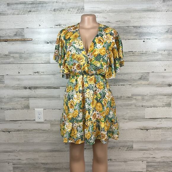 Southern Fried Floral Mini Dress Flutter Sleeve Women’s Size Large - Picture 1 of 7